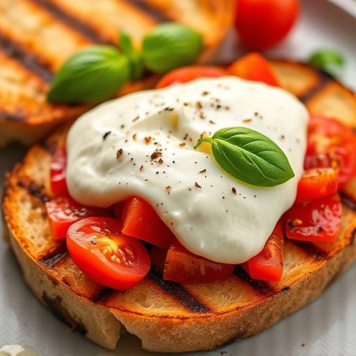 A creamy burrata cheese served with grilled bread, tomatoes, and basil.