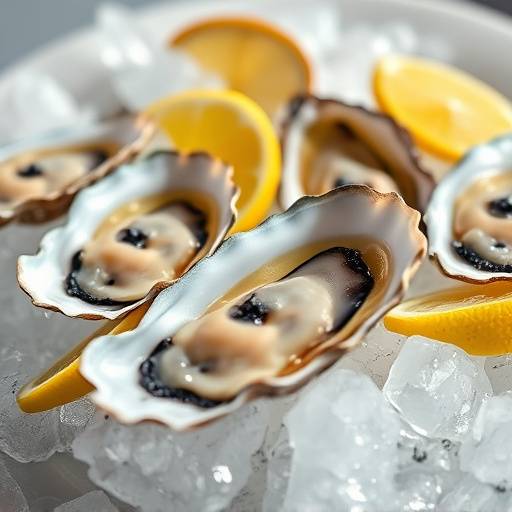 A dozen fresh oysters on a bed of ice with lemon wedges.