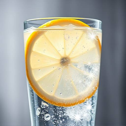 A glass of sparkling water with lemon.