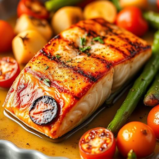 A grilled salmon fillet with roasted vegetables.