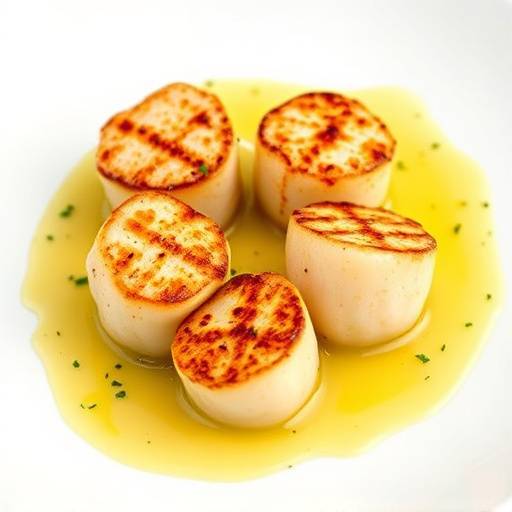 A plate of perfectly seared scallops with a lemon butter sauce.