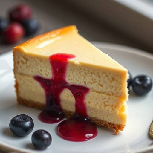 A slice of New York style cheesecake with a berry compote.