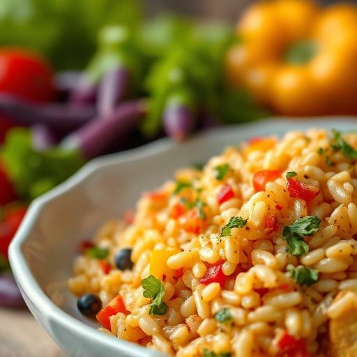 A vibrant vegetarian risotto dish with colorful vegetables.