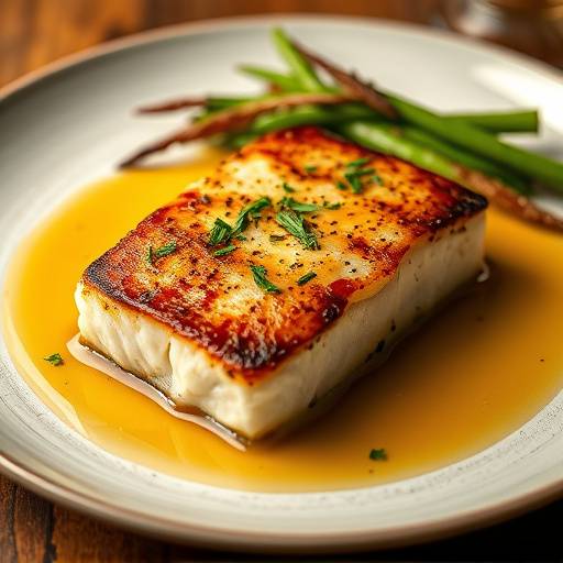 Pan-seared Chilean sea bass with a citrus glaze.